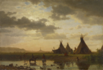 Albert Bierstadt, <i>View of Chimney Rock, Ogalillah Sioux Village in the Foreground</i>, 1860. Oil on board. Colby College Museum of Art, Gift of the Honorable Roderic H.D. Henderson, 1964.026