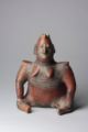 <em>Comala hollow figure of seated male with a horn at center of forehead</em>,  Mesoamerican; West Mexican, 300 BCE - 300 CE, clay, slip, paint GM 5445.3739