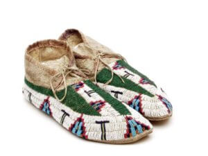 Beaded leather moccasins with geometric designs / Native American; Sioux