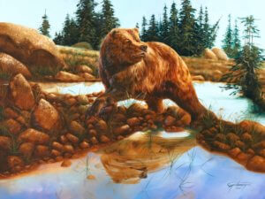 Painting of a grizzly bear standing on rocks over a pond, his reflection below him