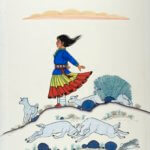 Painting of a Native girl on a hillside, her skirts blown backward as shewatches over sheep