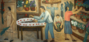 Painting of people in a market. Several figures carry or are working with flowers.