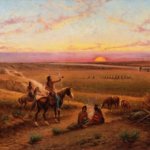 An indigenous man sits atop a horse, holding out a peace pipe to a sunset. Horses and other people sit and stand nearby watching. A group of teepees is visible in the distance.