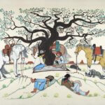 Horses and people gathered under the shade of a tree